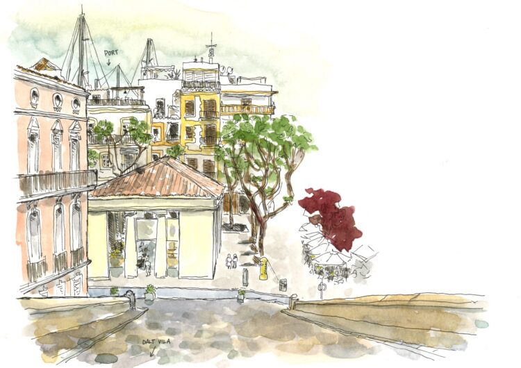 Lámina artesanal firmada con una ilustración del Mercat Vell visto desde portal de ses taules en Dalt Vila, ciudad de Ibiza. Dibujo realizado en tinta y acuarela sobre papel. Print para enmarcar.