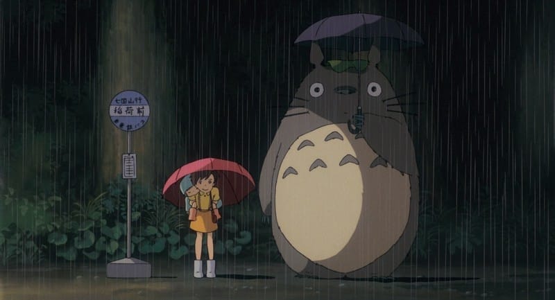 Escena paraguas Mi vecino totoro película de animación de Studio Ghibli. Paisajes de estilo manga.