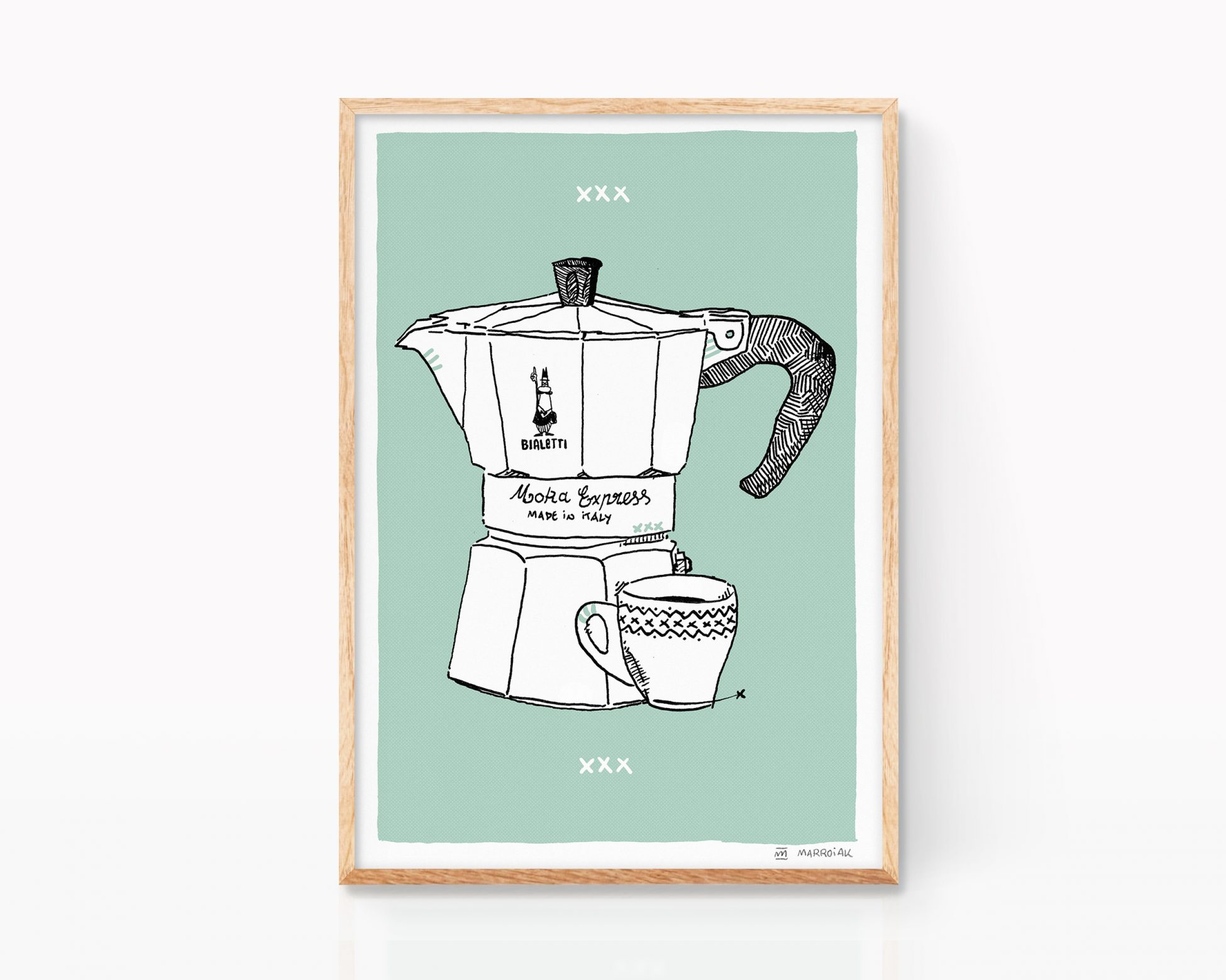 Cuadro con lámina decorativa para cocina con una ilustración de una cafetera italiana Bialetti y una taza de café solo. Print original con dibujo disponible para enmarcar . Venta online a todo el mundo.