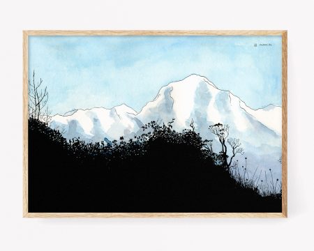 Lámina dibujo montañas del himalaya en nepal desde poon hill. Ilustración en acuarela sobre papel.