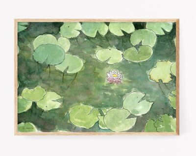 Watercolor drawing of water lilies in Lumbini garden, birth of Buddha. Art paintings from Nepal