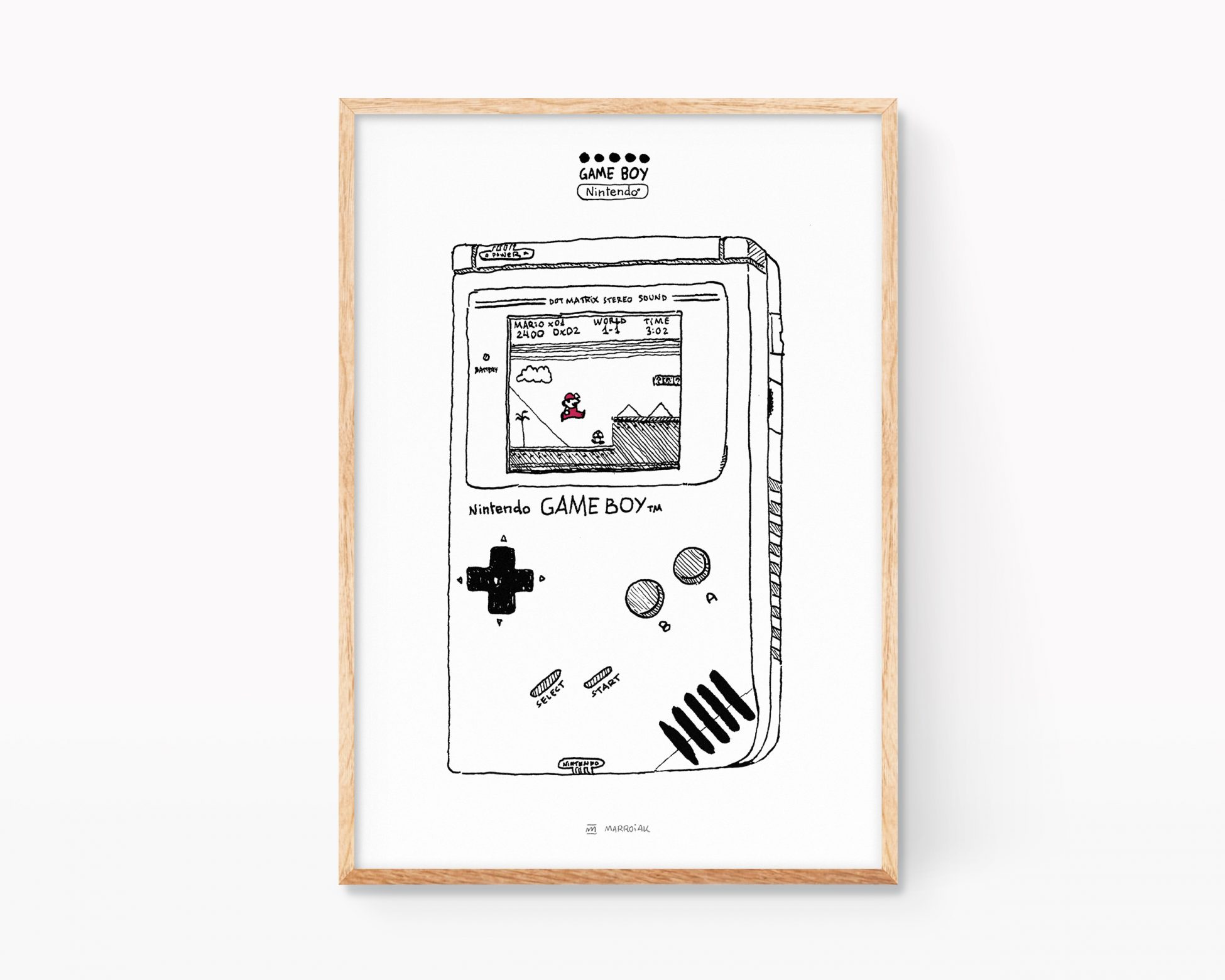 Nintendo game boy print. Black and white illustration. Geek gift and decor.