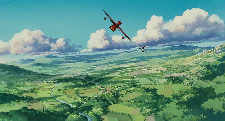 Avión Porco Rosso película de animación de Studio Ghibli. Paisajes de estilo manga.