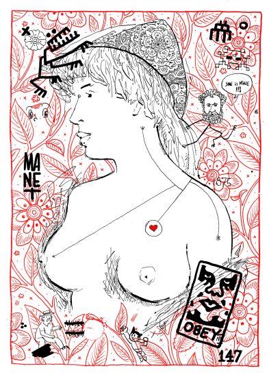 Remezcla (mashup) de la pintura del artista Manet la rubia de los senos desnudos. Obey y varios mamarrachitos más. Dibujo, ilustración, art remixes. Arte Urbano