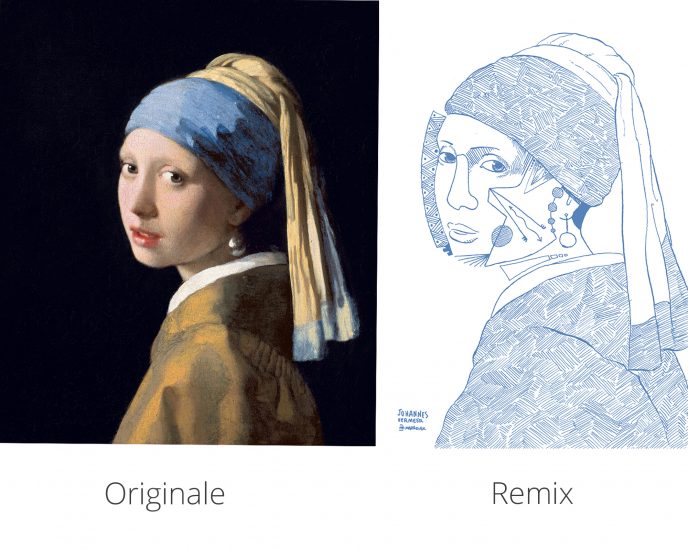 Comparación original y remix dibujos de la joven de la perla de Johannes Vermeer