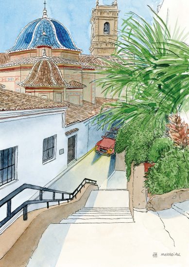 Dibujo en acuarela del centro histórico de Oliva. Vista de San Roque desde el Carrer del Fossar en el centro histórico