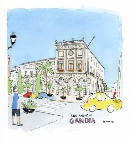 original ayuntamiento de gandia dibujo en acuarela subasta