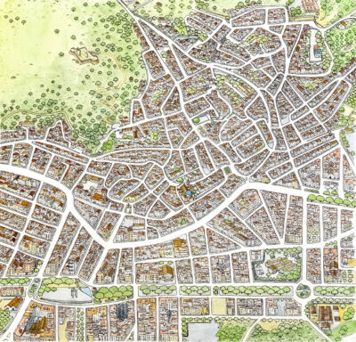 Dibujo original del mapa del centro histórico del municipio de Oliva, en La Safor (Valencia). Ilustración turística
