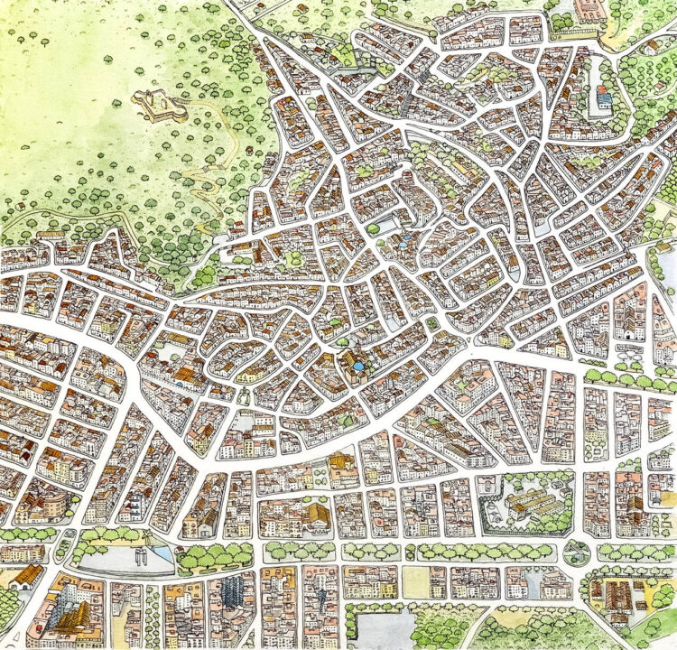 Original drawing of the map of the historic center of the town of Oliva, in La Safor (Valencia). Tourist illustration