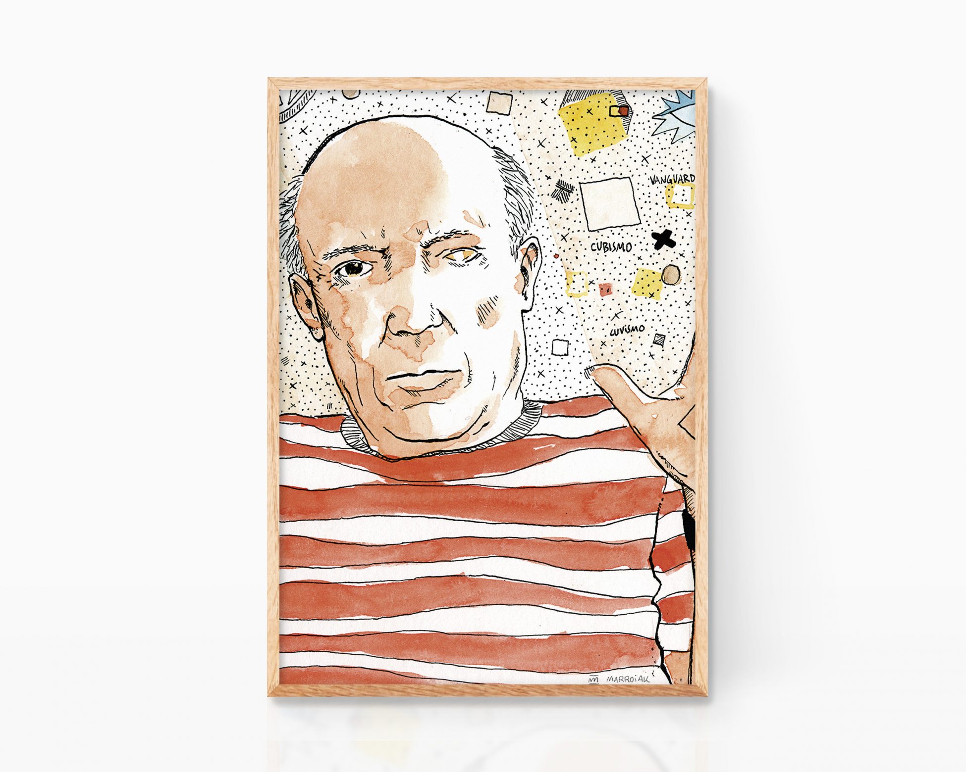 Retrato Pablo Picasso. Cuadro decorativo para enmarcar con una lámina e ilustración del pintor cubista malagueño. Artista de vanguardia español (y francés)