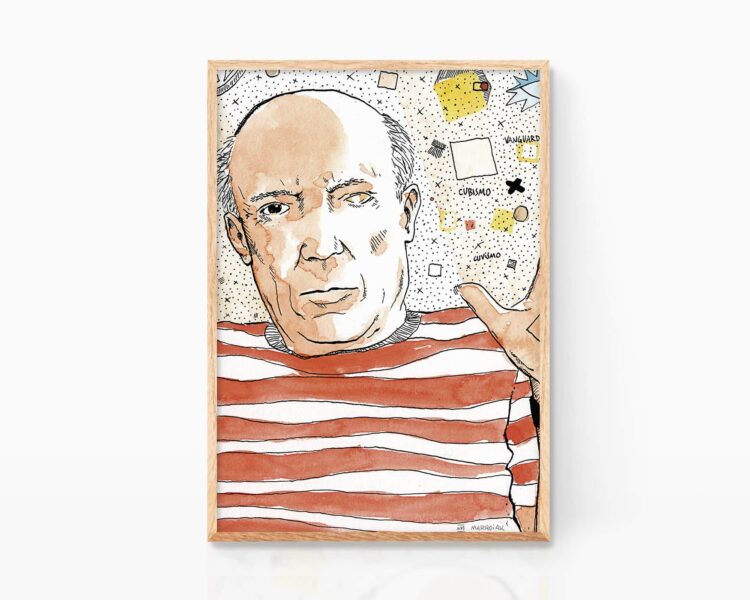 Retrato Pablo Picasso. Cuadro decorativo para enmarcar con una lámina e ilustración del pintor cubista malagueño. Artista de vanguardia español (y francés)