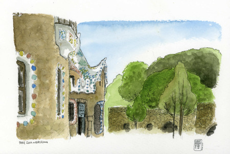 parc guell barcelona dibujo en acuarela original subasta