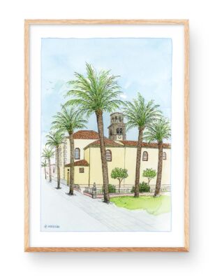 Watercolor illustration of the Parroquia Constitución in the Plaza Olivera in San Cristobal de la Laguna, Tenerife. Canary Islands. Prints and engravings