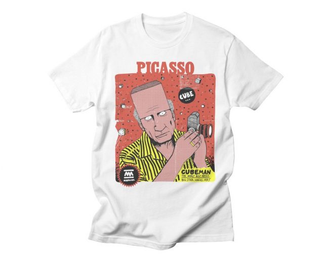 Camiseta blanca con un retrato dibujado de Pablo Picasso. Ilustración en color. Colección de Arte y artistas. Serigrafía hecha a mano