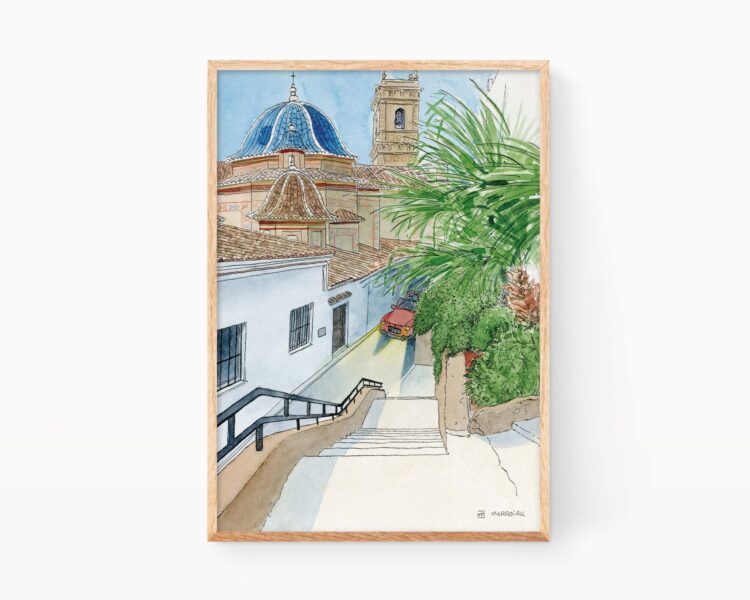 Dibujo en acuarela del centro histórico de Oliva. Vista de San Roque desde el Carrer del Fossar en el centro histórico