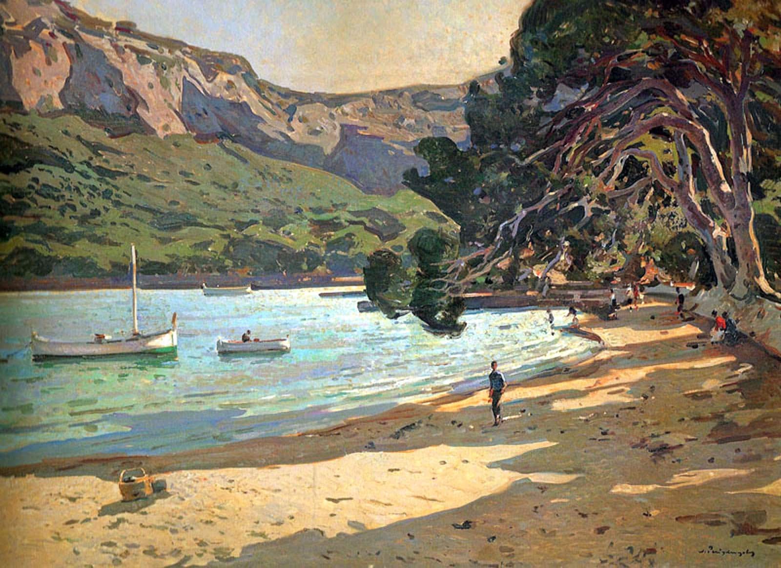 pintura impresionista josep puigdengolas playa mediterraneo