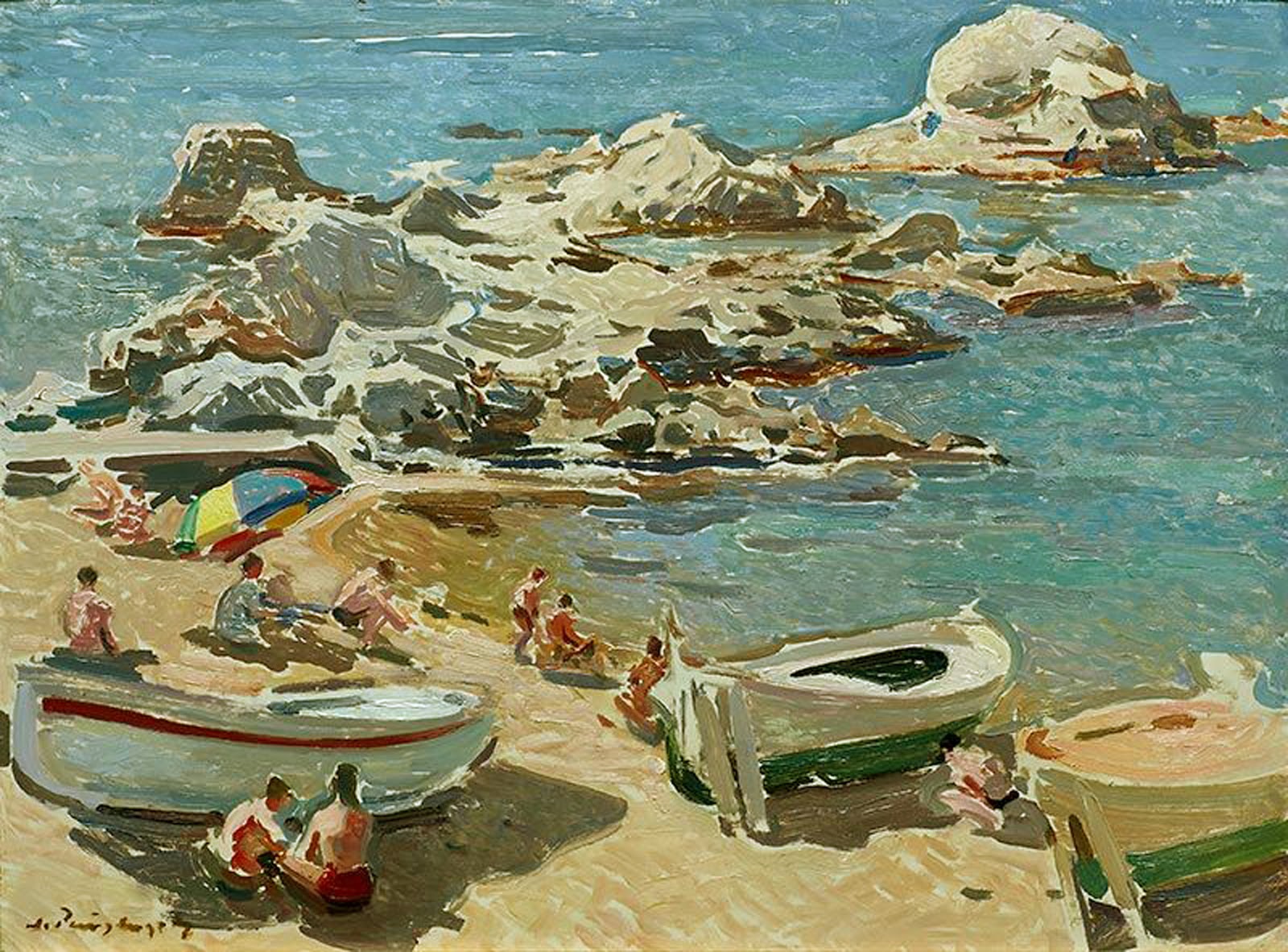 pintura impresionista josep puigdengolas playa y bañistas