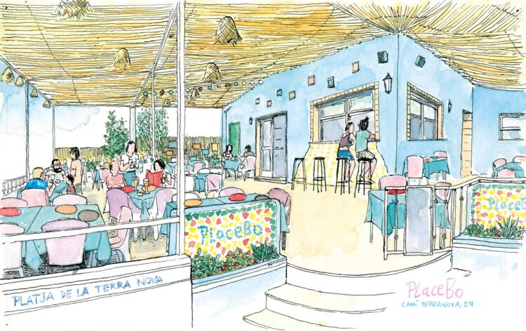 Dibujo en acuarela placebo restaurante pizzeria platja terra nova oliva playa, valencia