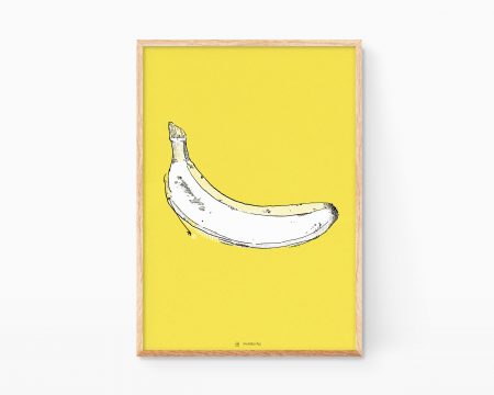 Lámina decorativa con un dibujo de una banana y fondo amarillo. Decoración rústica, minimalista y boho para cocinas. Platano velvet underground y andy warhol