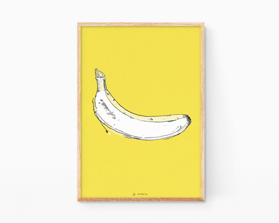 Lámina decorativa con un dibujo de una banana y fondo amarillo. Decoración rústica, minimalista y boho para cocinas. Platano velvet underground y andy warhol