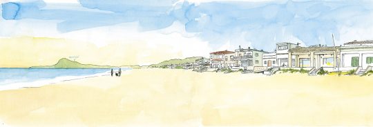 Fotos y dibujos de la playa de Oliva. Ilustración en acuarela de las casetas de primera línea en la Platja d´Oliva en la comarca de La Safor (Valencia)
