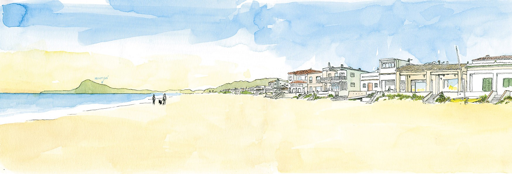 Fotos y dibujos de la playa de Oliva. Ilustración en acuarela de las casetas de primera línea en la Platja d´Oliva en la comarca de La Safor (Valencia)