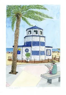 Playa de Gandia dibujo en acuarela original en subasta