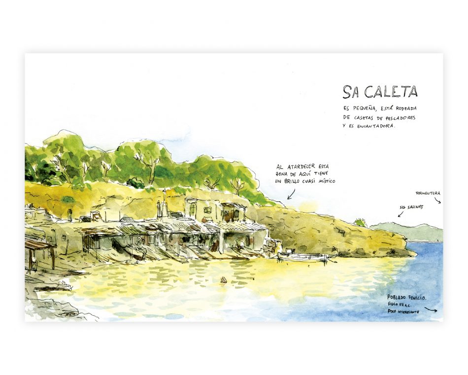 Dibujos de Ibiza. Cuadro para enmarcar con una ilustración en acuarela y tinta sobre papel de la playa de Sa Caleta en el municipio de Sant Jose de Sa Talaia, Ibiza. Islas Baleares (España)