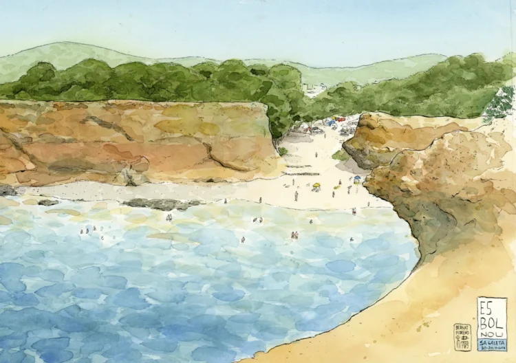 Auction of original artwork Sa Caleta beach, Ibiza. Ink and watercolor