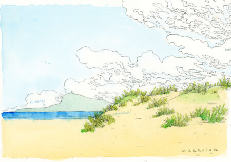Playa oliva ukiyo e boceto acuarela en subasta