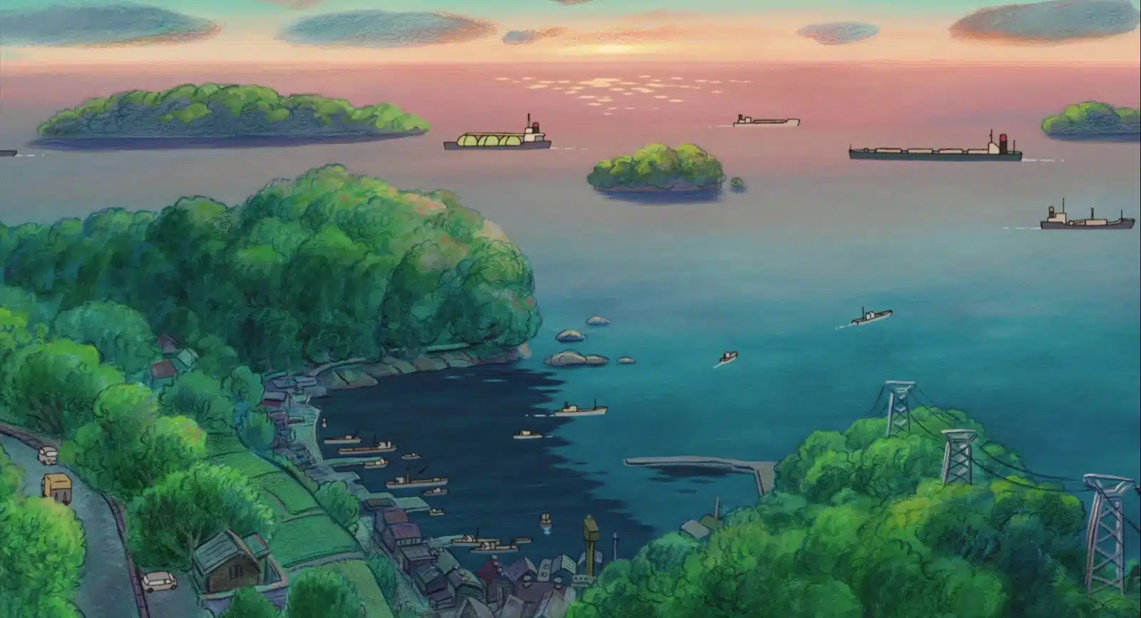 Ponyo película de animación de Studio Ghibli. Paisajes de estilo manga.