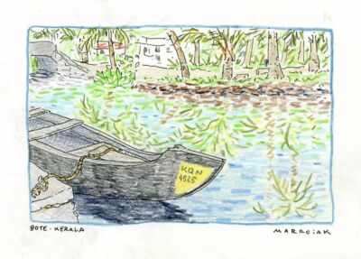 postcard boat in munro island kerala. Urban sketching India