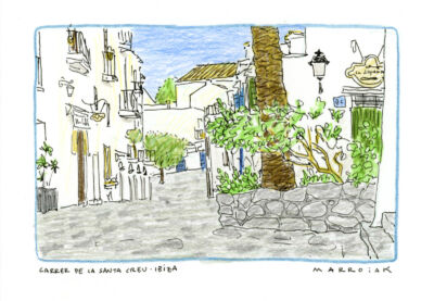 postcard drawing carrer santa creu dalt vila ibiza. art by marroiak