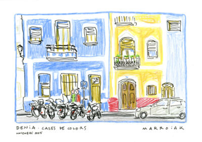 postal original dibujo denia casas de colores marroiak