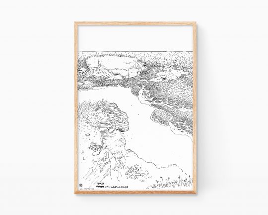 Cuadro de Galicia: Praia das illas (playa Cabalar) en Lugo. Lámina decorativa para enmarcar con una ilustración en blanco y negro dibujada originalmente en tinta y plumilla sobre papel. Dibujos de paisajes de España.