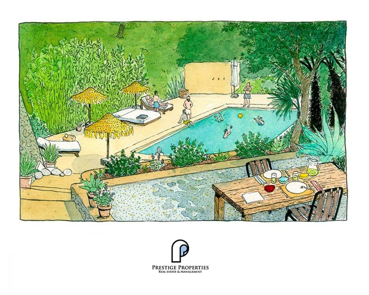 Dibujos de Ibiza. Ilustración con publicidad artesanal para la inmobiliaria de lujo Prestige Properties.