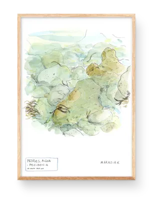 Print decorative painting of Ibiza watercolor stones sea in sa caleta