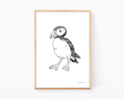 Print with a black and white drawing of a puffin