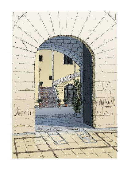 Lámina impresa con un dibujo de la puerta del Palacio Ducal de Gandía, Valencia ilustrada. La Safor. Ilustración de arquitectura valenciana