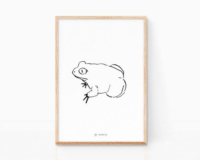 Lámina ilustración en blanco y negro rana comun. Estilo mamarracho minimalista. Tinta sobre papel