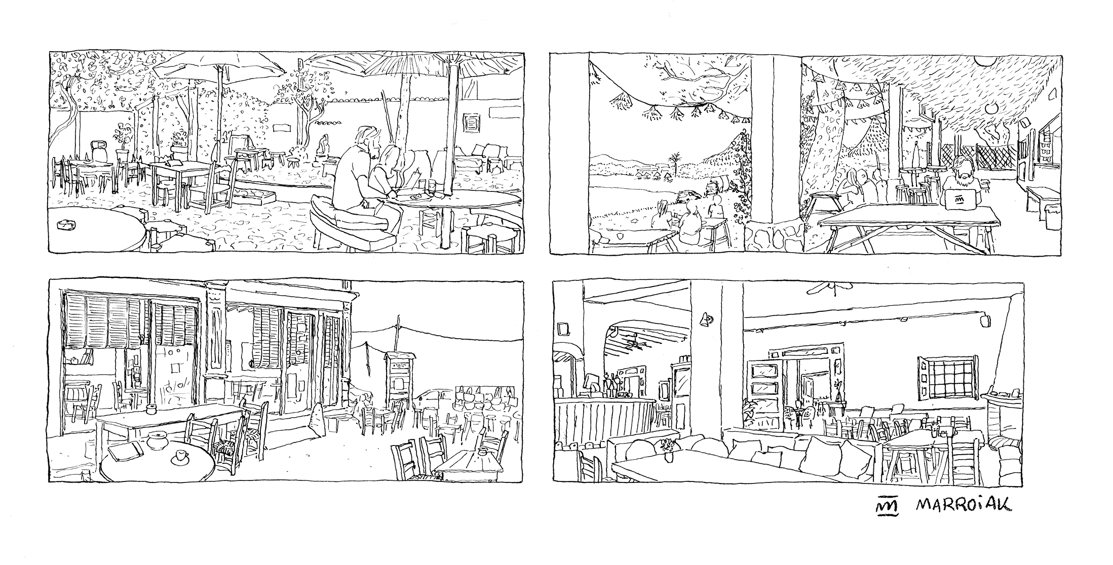 Dibujos en blanco y negro de cuatro restaurantes de Ibiza