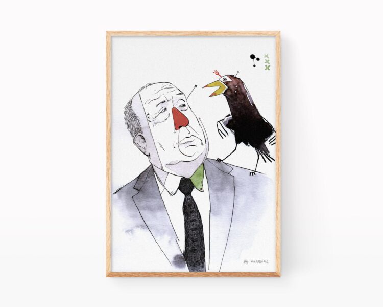 Cuadro decorativo alfred hitchcock. Retrato en blanco y negro y acuarela del cineasta de películas de suspense. Ilustración exclusiva