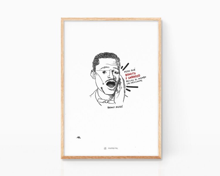 Lámina con dibujo de un retrato del musico cubano Benny More. Ilustración en blanco y negro. Grunge, punk art