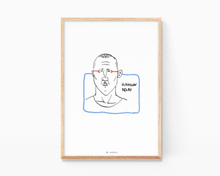 Lámina con un dibujo del músico Vladislav Delay en blanco y negro. Ilustraciones de música electrónica