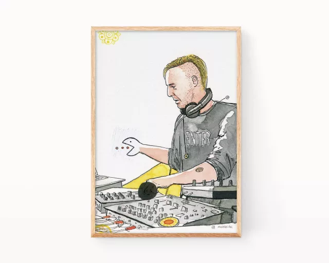 Cuadro retrato Richie Hawtin. Ilustraciones de djs y productores de música electrónica, techno y house. Dibujos exclusivos