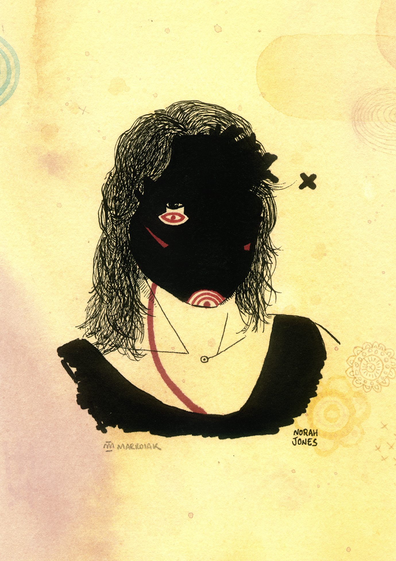 Retrato ilustrado de la cantante norah jones. Acuarela y tinta. Dibujos grunge