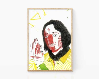 Portrait illustration of Rosalia. Decorative sheet with a pseudo cubist drawing of the singer Rosalia (tra, tra). Watercolor on paper.