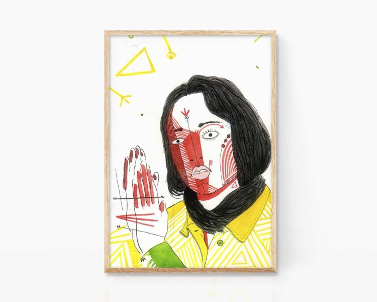 Retrato ilustración de Rosalía. Lámina decorativa con un dibujo pseudo cubista de la cantante trapera Rosalia (tra, tra). Acuarela sobre papel.