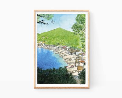 Dibujos de Ibiza. Lámina decorativa para enmarcar con una ilustración de un paisaje en acuarela de la playa de Sa Caleta en la Isla de Eivissa. Municipio de Sant Josep de Sa Talaia. Cuadros no basados en fotos. Póster artístico de Marroiak