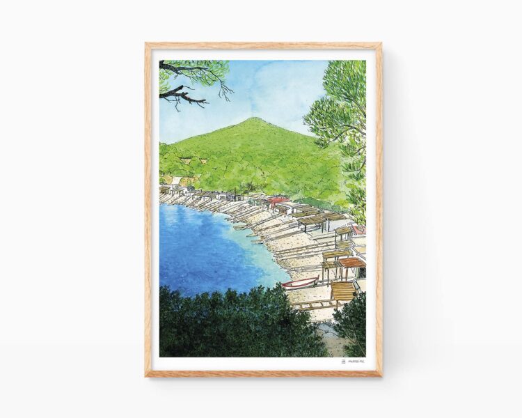 Dibujos de Ibiza. Lámina decorativa para enmarcar con una ilustración de un paisaje en acuarela de la playa de Sa Caleta en la Isla de Eivissa. Municipio de Sant Josep de Sa Talaia. Cuadros no basados en fotos. Póster artístico de Marroiak